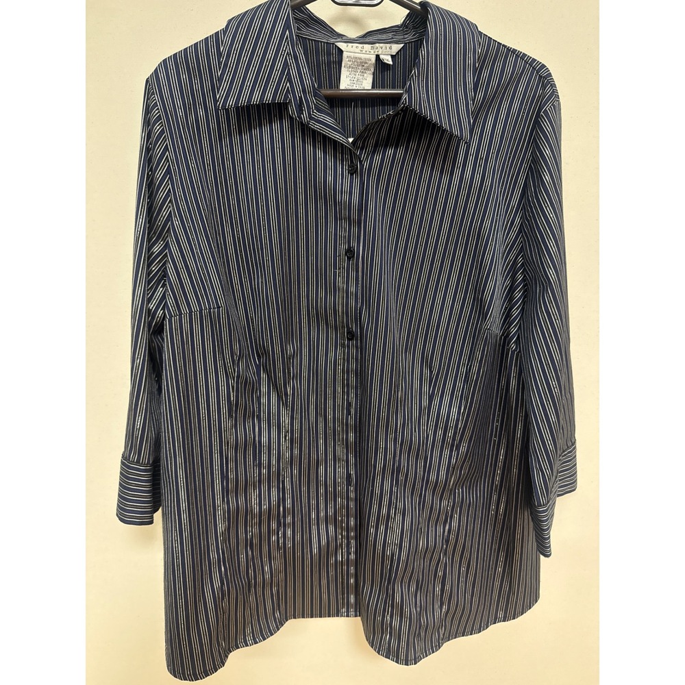 Fred David Woman Navy Blue Pinstripe Metallic Button Down Shirt 1X C2U153W
